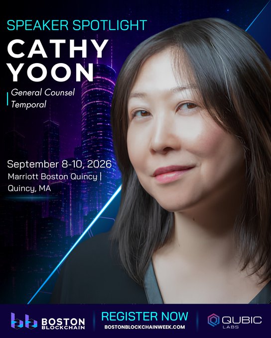 A promotional speaker spotlight graphic for Cathy Yoon, General Counsel at Temporal, advertising the Boston Blockchain event on September 8-10, 2026, at the Marriott Boston Quincy in Quincy, MA, with logos for Boston Blockchain and Qubic Labs.