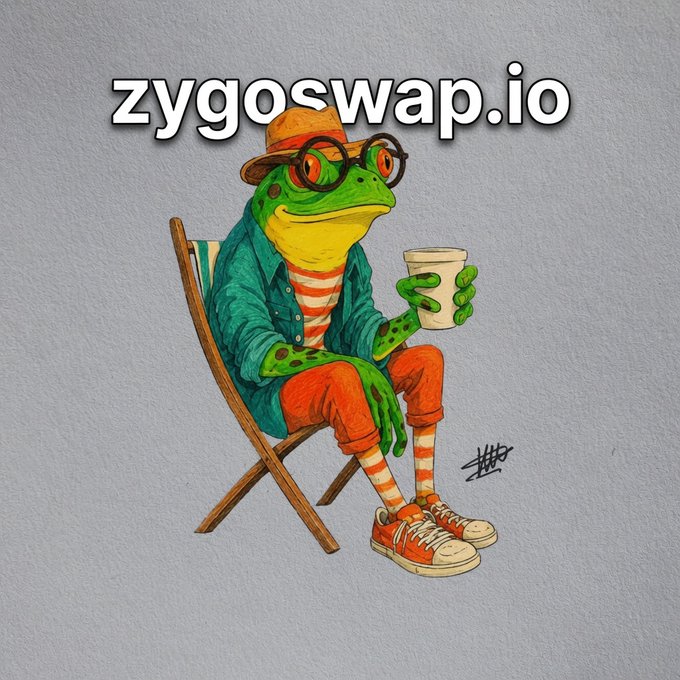An illustrated cartoon of a green frog wearing a straw hat, round glasses, a teal shirt, and orange pants, sitting in a folding chair while holding a coffee cup, with the text 'zygoswap.io' displayed above.