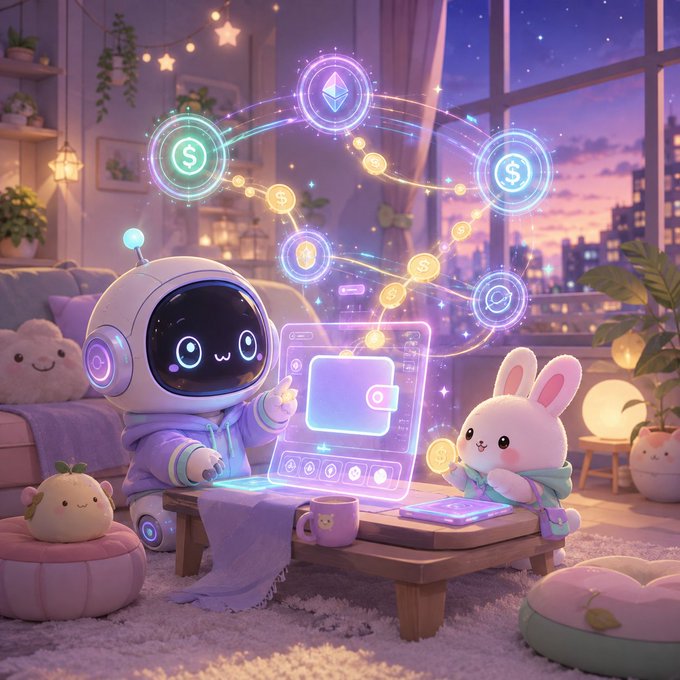 An AI-generated illustration of a cute white robot with kawaii facial features and a small white bunny character working on a holographic laptop with cryptocurrency symbols (Ethereum, dollar signs) floating above them in a cozy room.