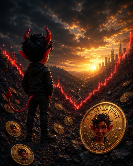 A stylized, cartoon-like illustration of a horned, devilish child figure standing on rocky terrain, looking toward a cityscape at sunset, with large gold coins scattered on the ground reading 'IN HELL WE TRUST' and '5666'.