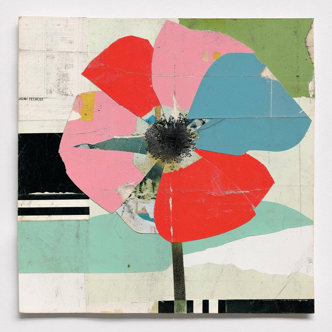 A stylized collage of a flower with red, pink, blue, and teal petals on a textured, fragmented background is displayed, likely representing a digital NFT artwork. Partial text visible on the left reads "LONI PETHICK," possibly the artist's name, which ties to the mint announcement in the post.