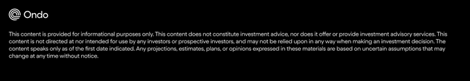 A black screen with the 'Ondo' logo and a disclaimer stating the content is for informational purposes only and does not constitute investment advice.