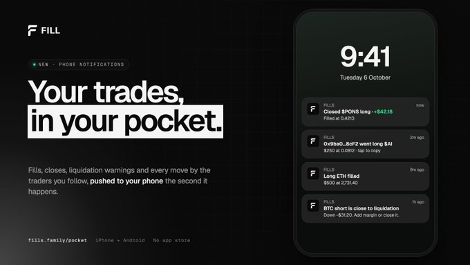 An advertisement for the FILL app features the tagline 'Your trades, in your pocket,' showing a phone screen with trade notifications like 'Closed $PONG long -$42.15'.