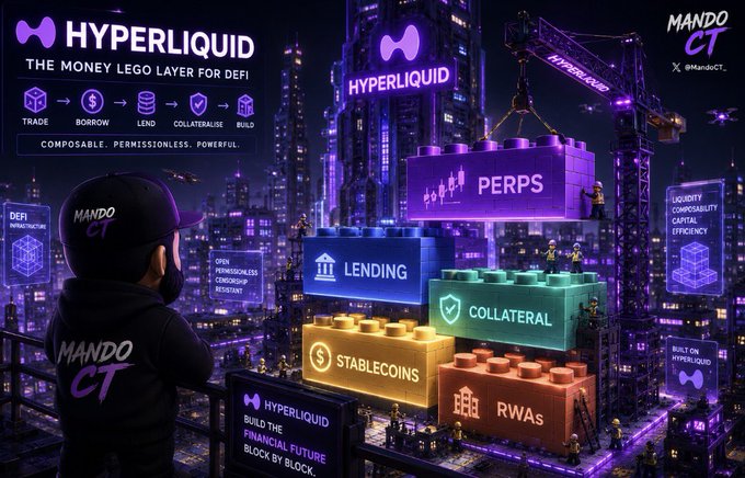 The image shows a stylized nighttime cityscape where a person wearing a "Mando CT" cap observes glowing LEGO-like blocks representing Hyperliquid's DeFi components—PERPS, LENDING, COLLATERAL, STABLECOINS, and RWAs—being assembled by construction workers under a crane. The scene visualizes the post's message that Hyperliquid is constructing "money Lego" building blocks, with the on-screen tagline "The Money Lego Layer for DeFi" and a workflow showing Trade ➜ Borrow ➜ Lend ➜ Collateralise ➜ Build, reinforcing the idea of composable, permissionless financial infrastructure.