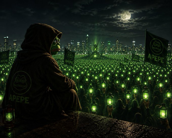 A hooded Pepe the Frog figure overlooks a massive nighttime gathering of hooded followers holding glowing green lanterns and 'APEPE' flags, with a city skyline and full moon in the background.