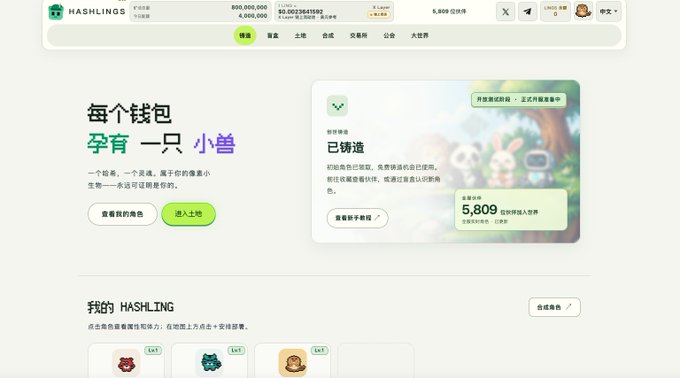 A Chinese-language website for 'HASHLINGS' describing digital wallets containing little creatures, priced at 5,809 tokens.