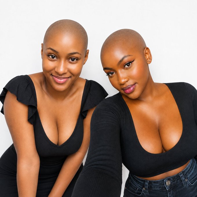 Two bald women with dark skin posing closely together, both wearing black low-cut tops, smiling and looking at the camera against a white background.