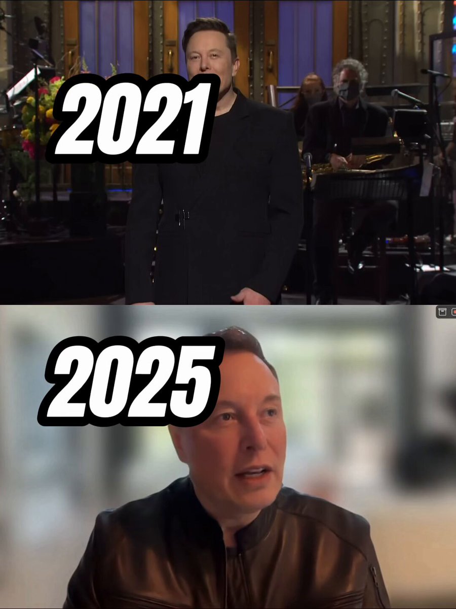 The image shows a comparison of two photos featuring a man wearing a black jacket, standing next to another man who is playing a saxophone. In one photo, the man is dressed in a black suit with the year "2021" written on his shirt, while the other photo displays him in a brown leather jacket and the number "2025" on it. The caption of the image reads: "How it started vs. How it goes".