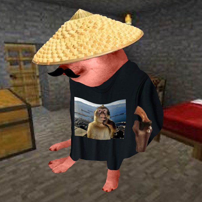 A pixelated, surreal figure wearing a woven bamboo hat, a black t-shirt featuring a thoughtful monkey, and an oversized mustache stands in a blurry room, complementing the post's "BONKEDD" theme and shoutouts to the @onchainhoodies and @Monkeyhood NFT collections on the updated Bonklist.