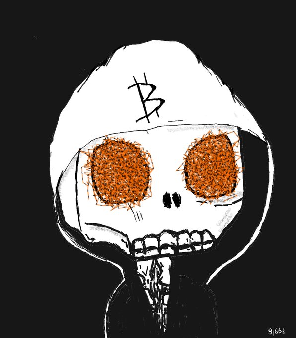 A crude digital drawing of a white skull wearing a white hat with a Bitcoin 'B' symbol, with its eye sockets colored in with chaotic orange scribbles on a black background.