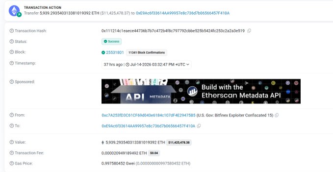 An Etherscan transaction screenshot showing a transfer of 5,939.293540313810193992 ETH (≈$11,425,478.37) from a U.S. government-linked address (U.S. Gov. Bitfinex Explorer Confiscated) to another wallet, illustrating the government's sale of seized ETH to offload assets.