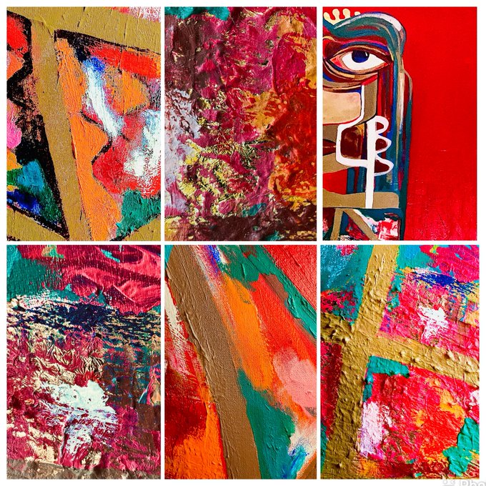 A collage of six vibrant, abstract paintings featuring thick, textured brushstrokes in red, orange, green, gold, and blue hues.