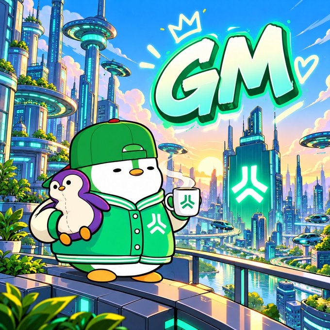 A cartoon illustration of a penguin mascot in green streetwear holding a coffee mug and a small penguin, set against a futuristic city skyline with graffiti 'GM'.