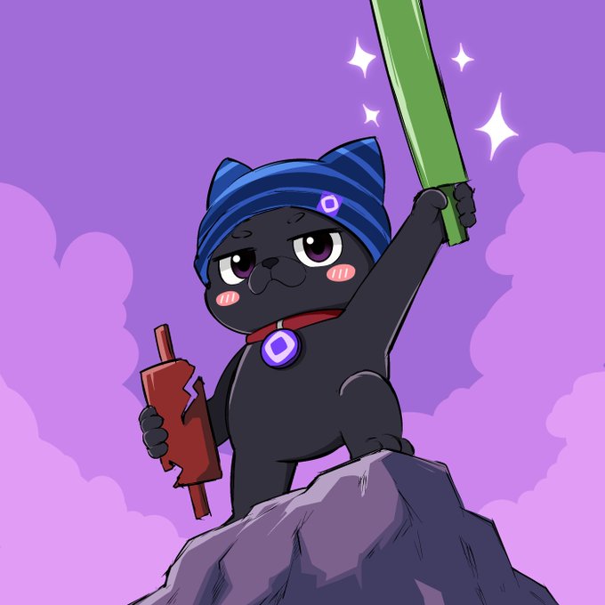 A digital illustration of a black cartoon cat wearing a blue striped beanie and a red collar with a purple gem, standing on a gray rock against a purple sky, holding a red rolling pin in one hand and raising a green lightsaber in the other.