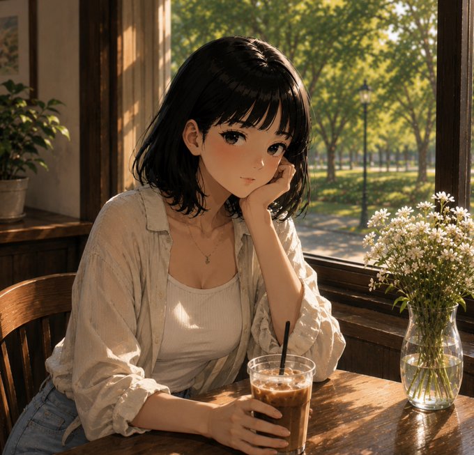 An anime-style illustration of a thoughtful young woman sipping iced coffee at a sunlit café window, evoking a reflective morning mood that complements the post's thoughtful take on how @NucleusCodes Season 2 builds reputation organically rather than through traditional Web3 task-based campaigns.