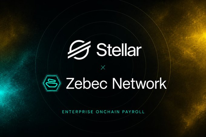 A promotional graphic announcing the partnership between Stellar and Zebec Network for "Enterprise Onchain Payroll," set against a cosmic background with the Stellar and Zebec logos side-by-side, supporting the post's announcement about Zebec Enterprise launching on Stellar to enable global payroll payouts in stablecoins with seamless real-world spending integration.