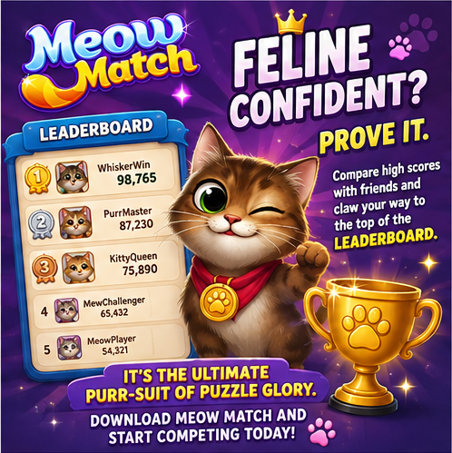 A promotional graphic for "Meow Match" featuring a leaderboard with top players WhiskerBoss (419K), PurrfectPaws (310K), and CatNipQueen (201K), alongside the tagline "Feline confident?" and text promoting the puzzle game's competitive leaderboard feature, with hashtags #GalaGames and #GalaChain directing viewers to download and compete.