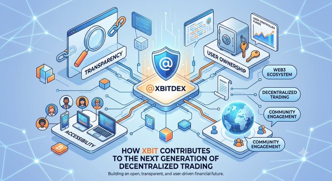 A promotional graphic for 'XBITDEX' titled 'HOW XBIT CONTRIBUTES TO THE NEXT GENERATION OF DECENTRALIZED TRADING,' featuring icons illustrating transparency, user ownership, accessibility, web3 ecosystem, and community engagement.