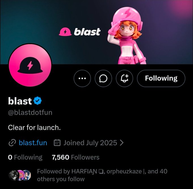 The screenshot shows the X (Twitter) profile of @blastdotfun, displaying their bio "Clear for launch," a link to blast.fun, a joining date of July 2025, 7,560 followers, and 0 following. The "blast" profile features a pink helmet logo and an anime-style mascot, fitting the post's mention tagging them amid a hopeful cooking comment.