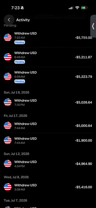 A mobile phone screen displays an "Activity" ledger showing a series of pending and completed USD cryptocurrency withdrawals totaling around $40,000, including amounts like -$5,755.00, -$5,211.87, and -$5,416.00, which the user posted as proof to refute "fake balance" allegations.