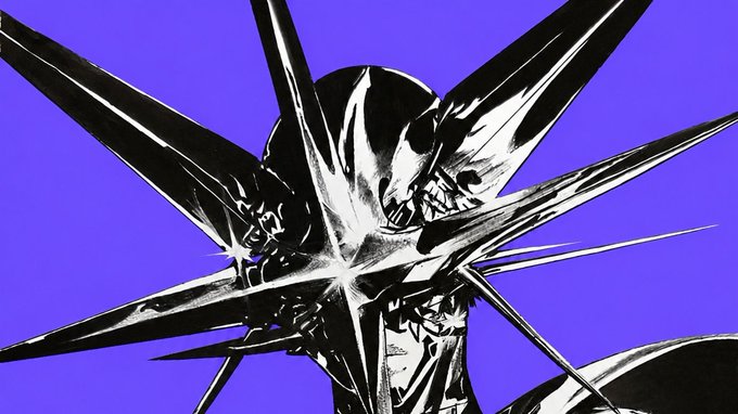 Stylized black and white illustration of a hooded or masked character with a star-shaped impact burst set against a purple background.