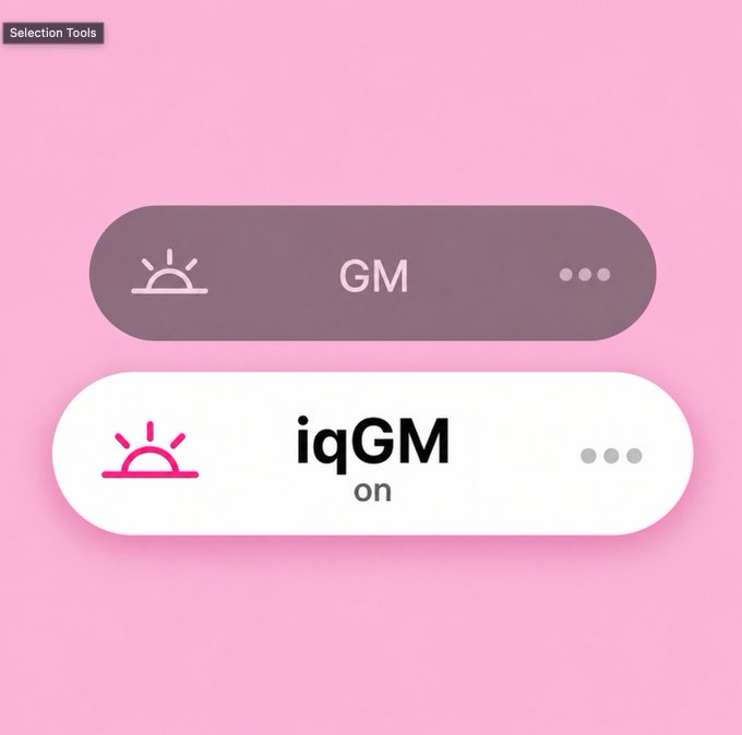 A graphic showing two 'GM' (Good Morning) buttons on a pink background, with the bottom button styled as 'iqGM on' featuring a pink sunrise icon.