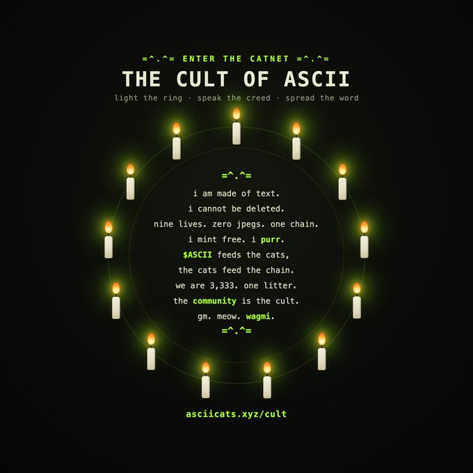 A black graphic with green text titled "THE CULT OF ASCII" surrounded by a circle of lit candles, with text referencing cats, the community, and "asciicats.xyz/cult".