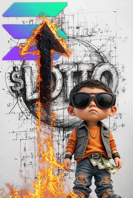 An AI-generated illustration of a child in sunglasses and a denim vest standing before a flaming upward arrow and 'SOL' blueprint design with a Solana logo.