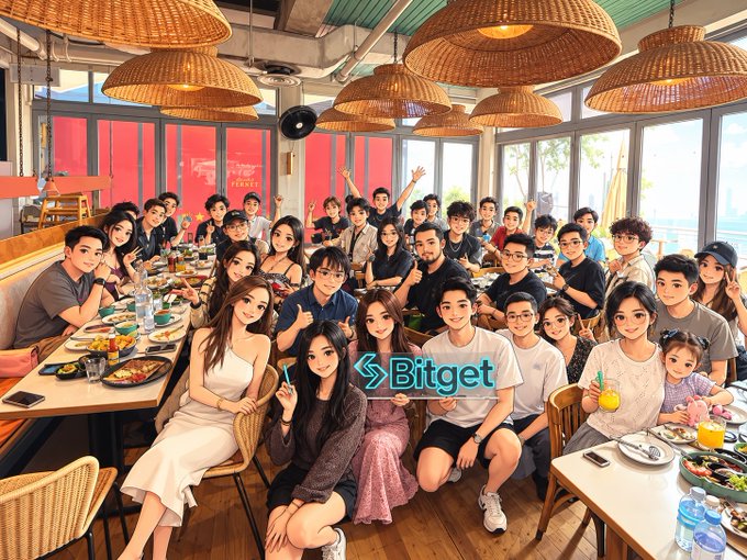 A large group of young people gathered at a restaurant table, with a 'Bitget' logo overlaid in the center of the image.