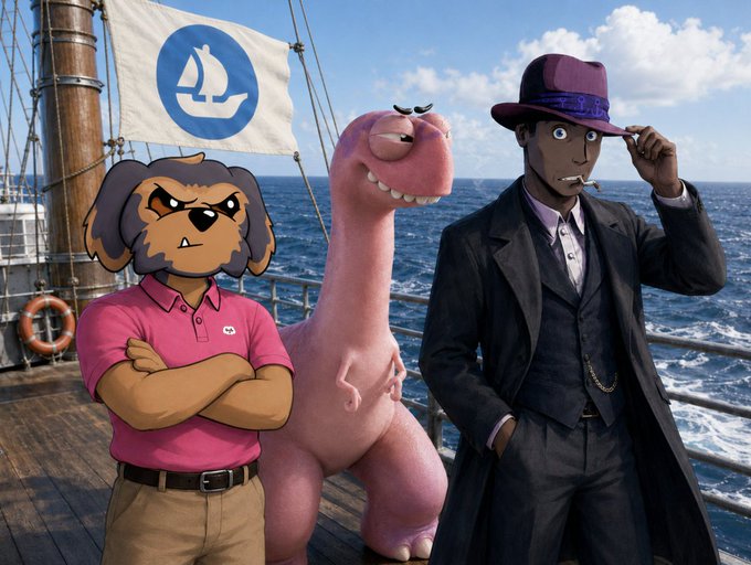 A composite image featuring a cartoon dog in a pink polo shirt, a pink dinosaur, and an anime-style man in a dark suit and hat with a cigarette, all standing on the wooden deck of a ship with a white flag displaying a blue ship logo.