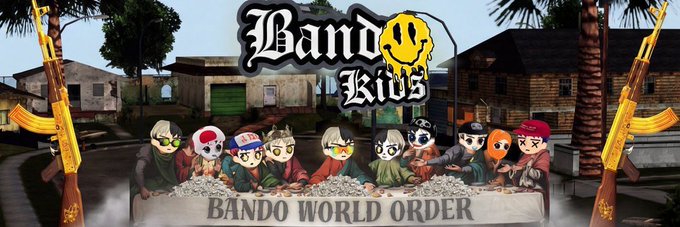 A promotional banner for "Bando Kids" featuring a row of cartoon characters with colorful hair and bandanas behind a bag of money, flanked by golden AK-47s, with the text "BANDO WORLD ORDER" at the bottom. The image relates to the birthday tribute to @NoHoesJoe from the @BandokidsSOL $sol community by showcasing their branded artwork.