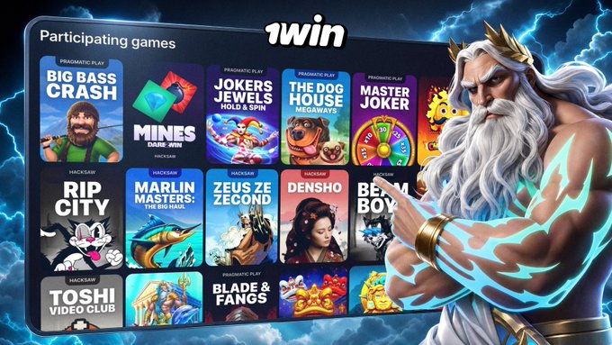 A promotional graphic for a crypto slot tournament features a lightning-wielding Zeus character alongside a grid of "Participating games" including Big Bass Crash, Mines, Joker's Jewels, The Dog House Megaways, Master Joker, Rip City, Marlin Masters, Zeus ze Second, Densho, Toshı Video Club, and Blade & Fangs, with a "1win" logo at the top — corresponding to the post's invitation to play games and accumulate points (wins, slot points ×100, quick games ×140) in a 200,000 USDT tournament.