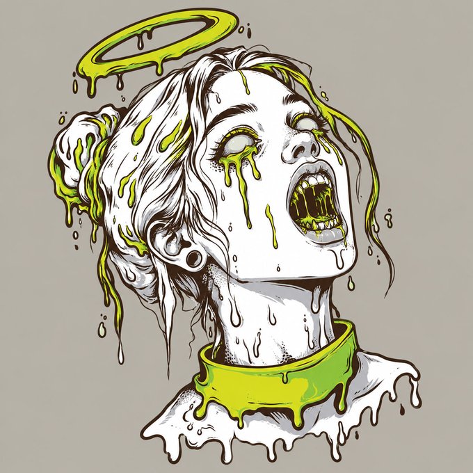 An artistic illustration of a woman screaming with her head tilted back, with bright green liquid dripping from her eyes, mouth, and a halo above her head, rendered in a stylized ink-drawing aesthetic.