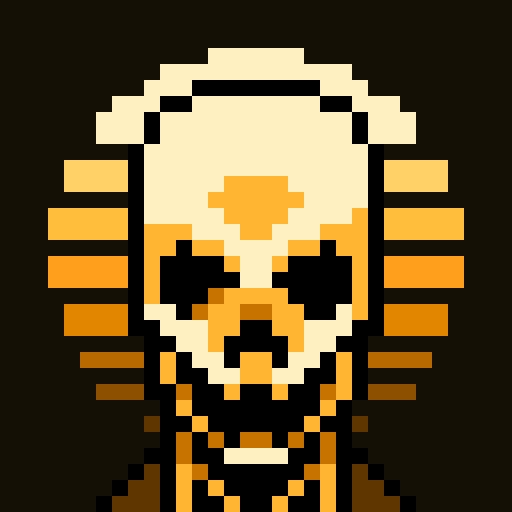 A pixel art skeleton character with a yellow and orange skull design wearing a dark outfit against a dark brown background.