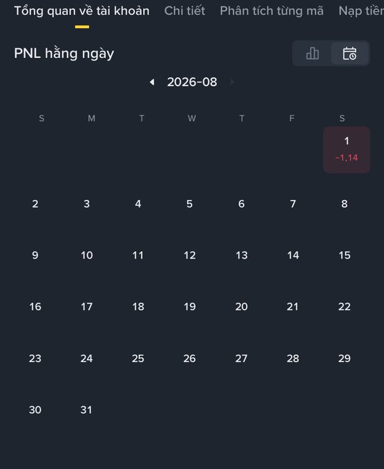 Vietnamese trading interface showing 'Tổng quan về tài khoản' (Account Overview) with a daily PNL calendar for August 2026, displaying a loss of -1.14 on Saturday the 1st.