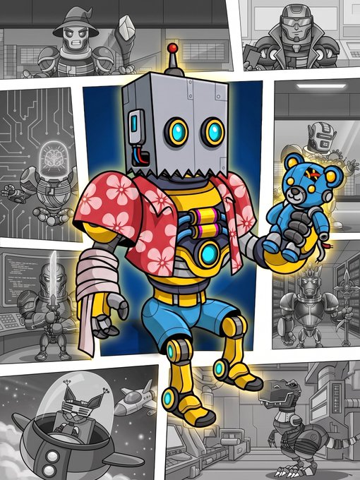 A comic-style illustration featuring a robot in a red Hawaiian shirt and blue shorts holding a blue teddy bear with a Soviet star, surrounded by grayscale panels of other robotic characters in various scenes.