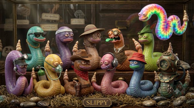 A collection of colorful, cartoon-style worm characters wearing various accessories like hats, glasses, and headphones displayed in a glass case, with one labeled 'SLIPPY'.