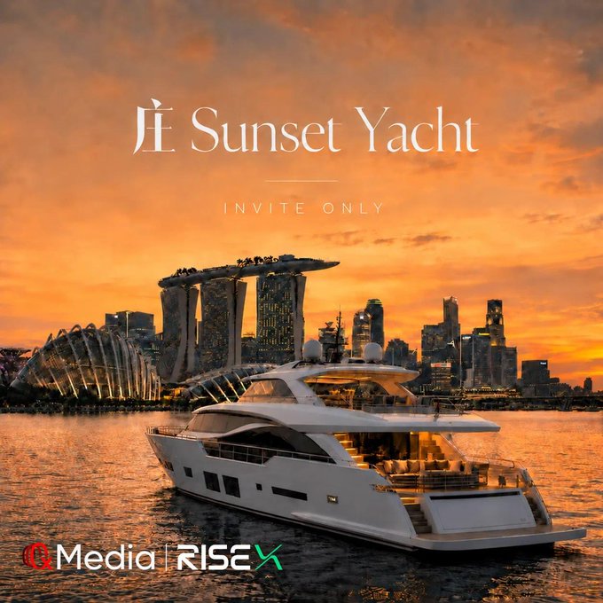 Promotional image for an 'Sunset Yacht' event marked 'INVITE ONLY,' featuring a luxury white yacht on the water with the Singapore skyline at sunset in the background, branded with 'Media | RISEX' at the bottom.