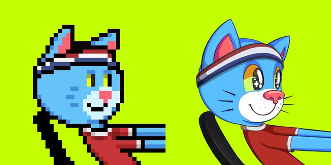A pixel art blue cat character alongside a smoother, more detailed illustration of the same blue cat wearing a red and blue headband, both set against a bright green background.