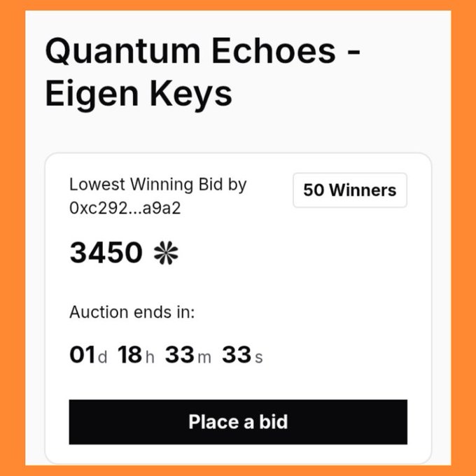 A bidding interface titled 'Quantum Echoes - Eigen Keys' showing a lowest winning bid of 3450 by 50 winners with auction ending in 01d 18h 33m 33s.