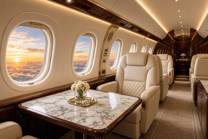 A luxurious private jet interior with cream leather seats, a marble table, and a sunset view through the windows.