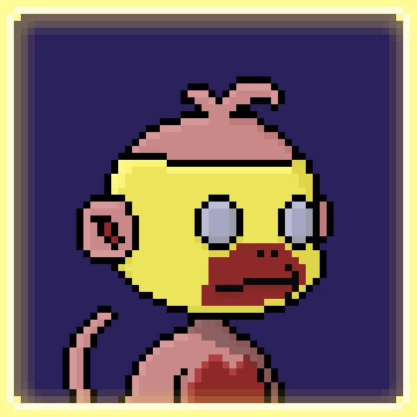 A pixel art illustration of a yellow bird-like character with a pink crest and red beak, set against a dark blue background with a tan border.
