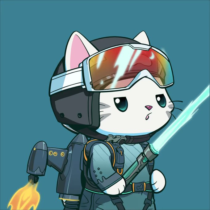 A cartoon illustration of a sad-looking white cat character dressed in tactical gear with a jetpack, goggles, and a glowing teal lightsaber.