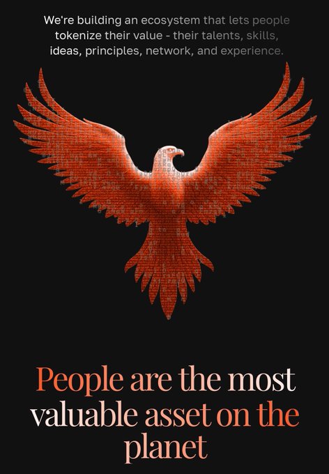 The image features a red phoenix with outstretched wings on a black background, accompanied by the bold statement "People are the most valuable asset on the planet" and introductory text about building an ecosystem to tokenize human value including talents, skills, ideas, principles, network, and experience—directly reinforcing the post's announcement of tokenizing talent on the Sl8 Social SocialFi platform.