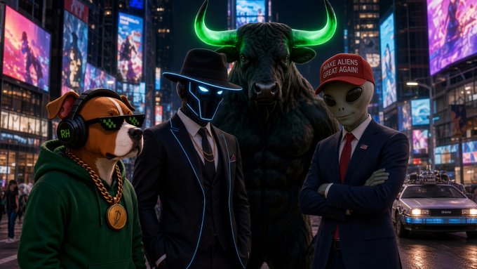 Four costumed characters—a dog in a green hoodie with pixelated sunglasses and "RH" headphones, a neon-glowing figure in a fedora, a massive black bull with glowing green horns, and an alien in a suit wearing a red "MAKE ALIENS GREAT AGAIN" cap—stand together on a neon-lit city street, with the alien's cap text and bull imagery symbolizing bullish energy and the "crew" mentality behind the GN CT post's rallying call to "lock in" for the crypto ride ahead.