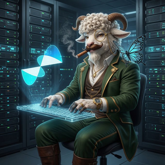 A digital illustration of an anthropomorphic sheep with curled horns and a mustache, dressed in a green suit and smoking a cigar, typing on a glowing holographic keyboard in a server room with a blue butterfly on its shoulder.