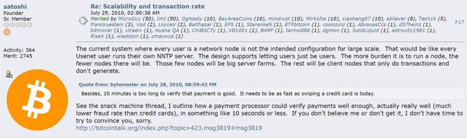 A screenshot of the Bitcointalk forum showing Satoshi's "Re: Scalability and transaction rate" post dated July 29, 2010, featuring the iconic quote "If you don't believe me or don't get it, I don't have time to try to convince you, sorry." The image captures Bitcoin's foundational moment when its creator dismissed critics of the network's current limitations, a statement that has since become emblematic of Bitcoin's eventual rise to global adoption despite early skepticism.