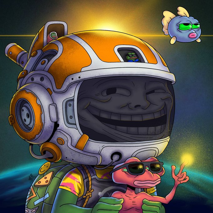 A stylized digital illustration of a character in an orange and white astronaut helmet with a mischievous grin, accompanied by a green frog-like creature wearing sunglasses and a flying purple pufferfish.