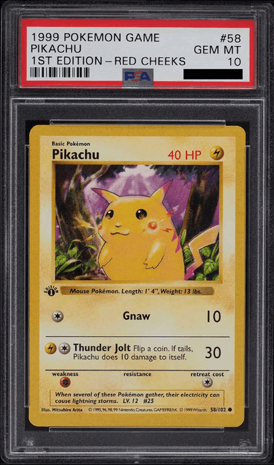 A PSA-graded 1999 Pokémon Game 1st Edition Red Cheeks Pikachu card, #58, graded GEM MT 10, is displayed in its protective slab showing the classic artwork with 40 HP and moves Gnaw and Thunder Jolt.