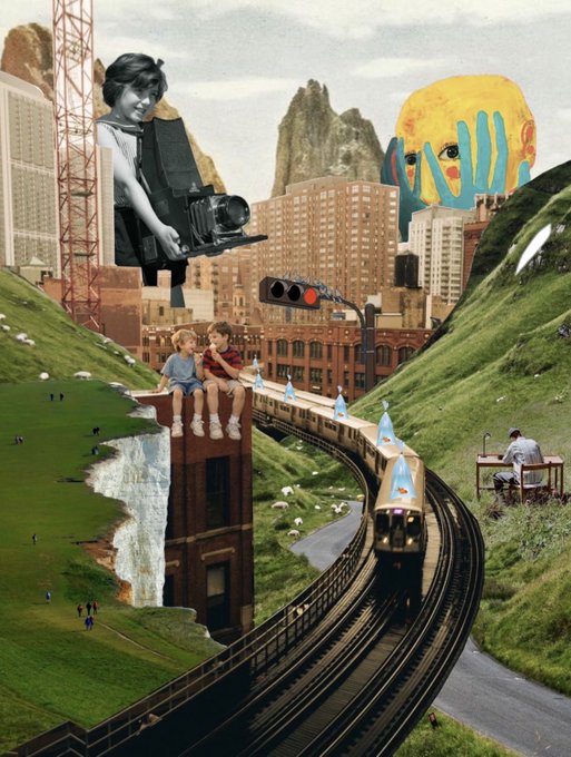 The image features a collage of various elements, including a train going through a city with buildings, people sitting on top of a hillside, and children playing near waterfalls. The collage also includes a photo of a person taking pictures at an elevated vantage point. The post is titled "New on @TransientLabs" and has the caption "Collecting Small Worlds".